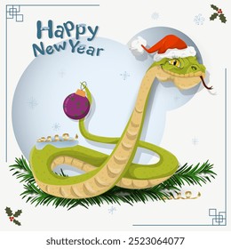 The symbol of the new year is a snake in a Santa Claus hat, with a Christmas tree toy on its tail