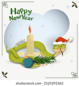 A symbol of the new year, a snake in a Santa Claus hat wraps around a Christmas candle