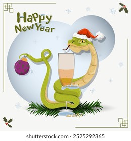 A symbol of the new year, a snake in a Santa Claus hat wraps around a glass with a drink