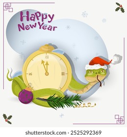The symbol of the new year, a snake in a Santa Claus hat wraps around a clock clock with New Years time