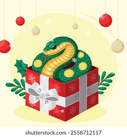 The symbol of the new year is a Snake, which is in a gift box Christmas poster