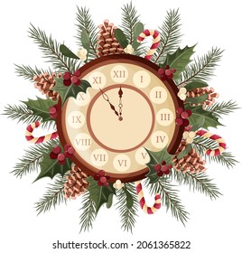 A symbol of the New Year. Wall clock with a wreath of Christmas tree branches, cones, holly leaves and mistletoe. Realistic illustration. Vector.