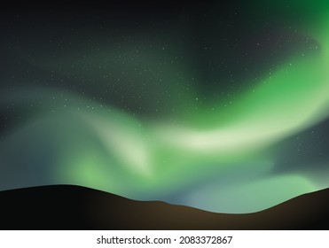 Symbol of the North Pole countries and Scandinavia with the natural phenomenon of the aurora borealis, illuminating a starry sky.