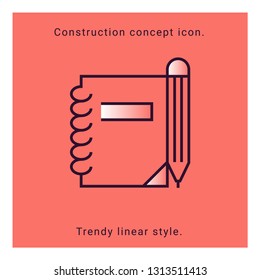 Symbol notepad line icon in modern style on coral background. Design element. Vector button template. Pencil drawing. Education symbol. Note vector emblem. Notebook linear badge.