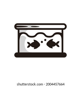 Symbol or object of an aquarium with two fish inside, in black line art style and shadow detail.