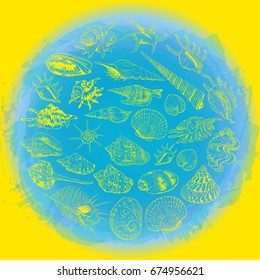 symbol of the ocean trendy print Round composition. Summer sea shells, molluscs on blue yellow abstract background. Circle wreath card banner design with space for text. Vector