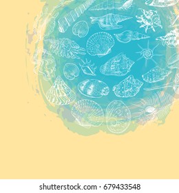 symbol of the ocean trendy print Round composition Beige sand. Summer sea shells, molluscs on blue abstract background. Circle wreath card banner design with space for text. Vector illustration