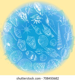 symbol of the ocean trendy print Round composition Beige sand. Summer sea shells, molluscs on blue abstract background. Circle wreath card banner design for text. Vector