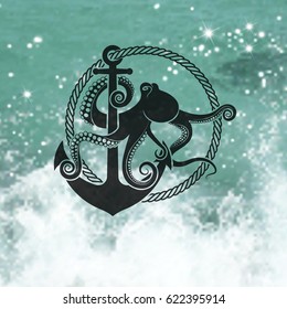 symbol of octopus with an anchor on the background of the sea