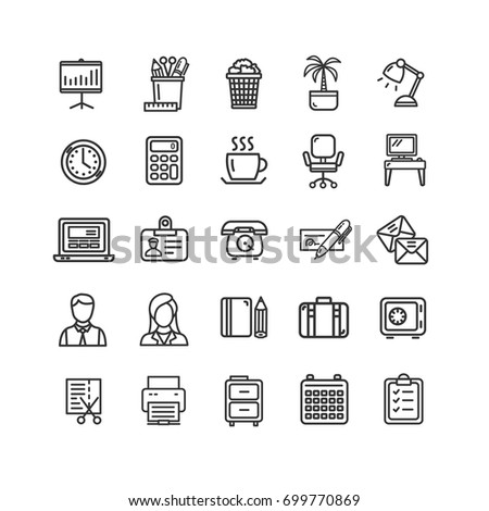 Symbol Office Work Black Thin Line Icon Set for Web and App Include of Furniture, Document and people . Vector illustration for Offices 