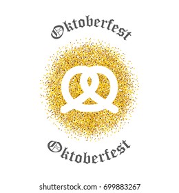 Symbol of Oktoberfest - German traditional soft pretzel on gold sparkling vector background