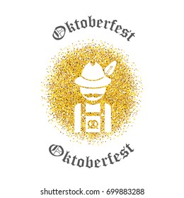 Symbol of Oktoberfest - German traditional suit and hat on gold sparkling vector background