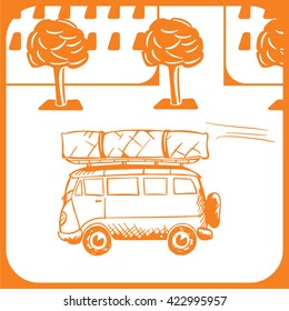 Symbol of the Old Style Mini Bus Carrying the Cargo in a Rush - Infographic Silhouette Style