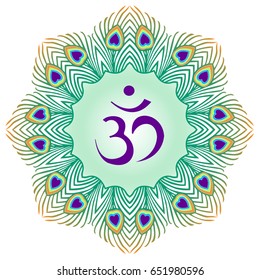  symbol Om and frame from peacock feathers