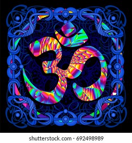 The symbol OM is a psychedelic painting in a retro style. Popular vintage graphics postcard and posters from the 1960s to the 1980s. Art Nouveau and Hippie art. Goa trance art. Design of T-shirts