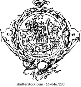 A symbol on the title of Goethe's works by Dir. Götz of Carlsruhe, engraved with decorative designs, vintage line drawing or engraving illustration.