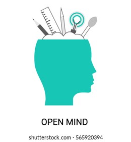 Symbol of Open Mind, New Skills and Creative Abilities. Head profile with an open brain icon vector. Flat style design. Modern vector icon concept for Website Element, Mobile websites, Apps.