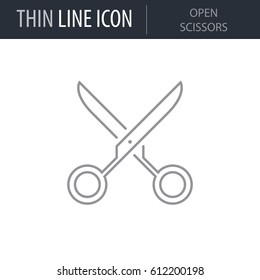 Symbol of Open Scissors. Thin line Icon of College. Stroke Pictogram Graphic for Web Design. Quality Outline Vector Symbol Concept. Premium Mono Linear Beautiful Plain Laconic Logo
