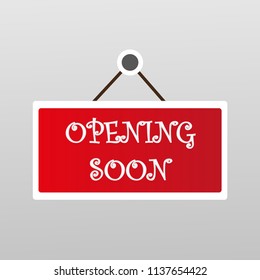 Symbol open soon modern element arrival. Release triumph vip festival ceremony. Concept banner anniversary art poster. Vector celebration design business flyer announcement event invitation icon red.