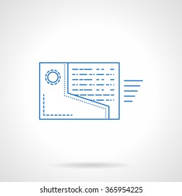 Symbol for organizer application, support, receive mail. Folder with letter moving out. Blue thin line style vector icon. Single web design element for mobile app or website.