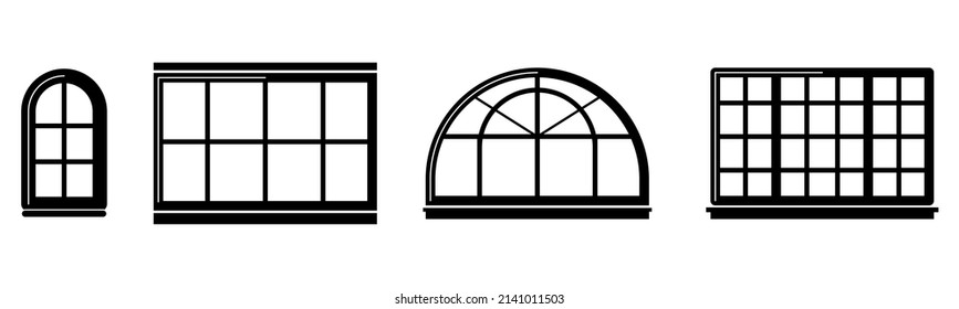 Symbol in outline flat style isolated on white background. Traditional, french, arch and round window frames. Gothic window frames line icon set. Architecture elements. Vector illustration, eps 10.