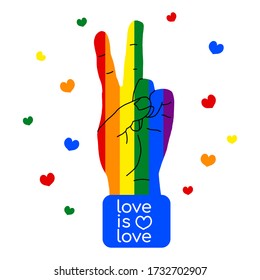 The symbol of pacifism and hippies is a hand with two fingers. Against racism, homophobia and war. Peace. Vector illustration for a postcard or a poster, print for clothes. LGBT.