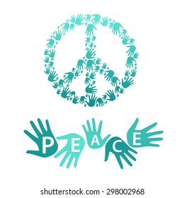 symbol of pacifism and peace - made up of colored hands of different people and inscription Peace