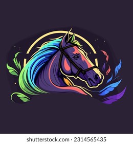 The symbol of a painted horse's head. Equestrian sport. Cartoon vector illustration. black background