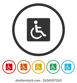 Symbol paralyzed and human on wheelchair icon. Set icons in color circle buttons