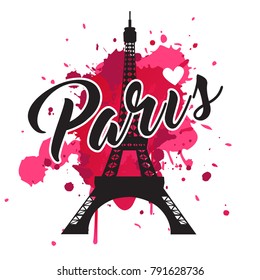 Symbol Paris. Fashion print for female wear. Template for t shirt, apparel, card, poster. Eiffel Tower and heart as symbol of love. Design element. Vector illustration