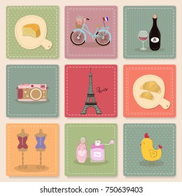 Symbol of Paris, France such as Eiffel tower, bicycle, wine bottle, cheese, camera, perfume and flowers, all hand drawn object. Vector illustration. 
