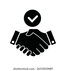 Symbol of partnership agreement with handshake and approval checkmark in black and white design