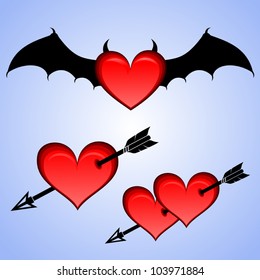 Symbol of passion. Three versions of the symbol of passion. Red heart with black bat wings. Red heart pierced by an arrow.