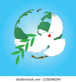 Symbol Of Peace Of All Peoples On Earth Is A White Dove With An Olive Branch. Concept Of Peace And Freedom Or Life Without War. Vector Illustration In A Flat Style