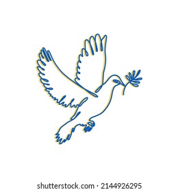 Symbol of peace with colors of Ukranian flag. Support of Ukraine concept. One line art dove with olive branch isolated on white.