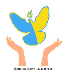 A symbol of peace a dove the color of the Ukrainian flag, in hands. Peace to Ukraine. No war. Vector banner.