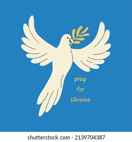 A Symbol Of Peace. Dove With Olive Branch On Blue. The Concept Of The World. Bird Boho Naive Hand Drawn Style. Flat Design, Cartoon, Vector Illustration. All Elements Are Isolated.