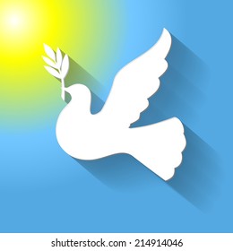 Symbol peace of  flat icon dove with a palm branch on sky background