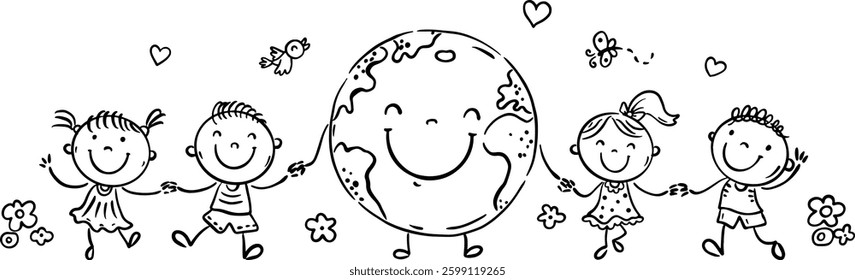 Symbol of peace, funny children holding hands, outline cartoon kids and earth, line art