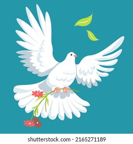 Symbol of peace and independence, isolated flying dove with a branch of flower in bloom. Faith and religious feelings, charity concept. Pigeon animal with flora in claws. Vector in flat style