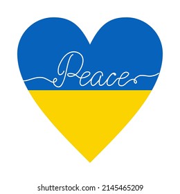 Symbol of peace and love with colors of Ukranian flag. Support of Ukraine concept. Heart with continuous line lettering.
