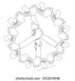 Symbol of peace made with mutually supporting hands, drawing with continuous line. Vector Illustration.