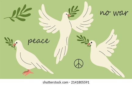 A Symbol Of Peace. Pigeons With An Olive Branch On A Green Background. Peace, No War, Pacific. Boho Bird Naive Hand Drawn Style. Flat Design, Cartoon, Vector Illustration. All Elements Are Isolated.