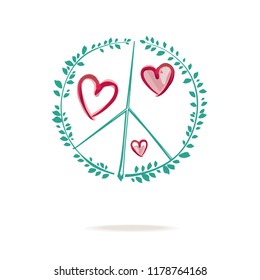 Symbol of peace. Peace sign drawing consists of sprigs with green foliage and hearts. International Day of Peace.