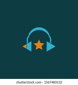 a symbol of pencil and play button and headset with a star