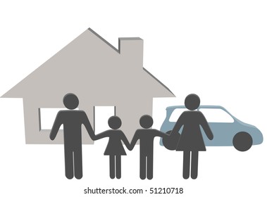 A symbol people family at home hold hands in front of their house and car.