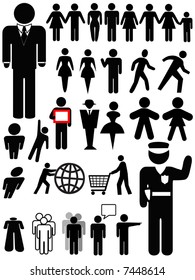 Symbol people silhouettes, a set of various persons: family; couple; walk, business, police officer, group, women, shopping...