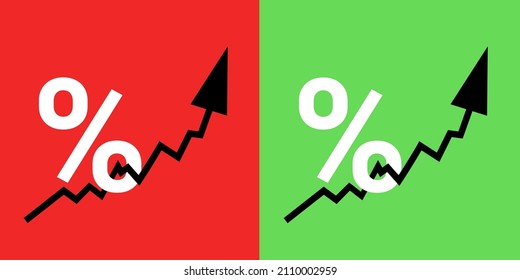 Symbol of percentage and arrow going up and upwards. Posivite or negative rate increase, rise, and grow - inflation or compound interest. Vector illustration isolated on green and red plain background