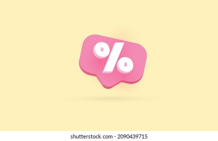 Symbol percentage icon message bubble isolated yellow background, 3d render illustration