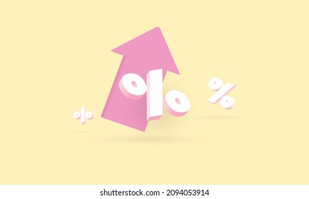 Symbol percentage icon and pink arrow isolated yellow background, 3d render illustration